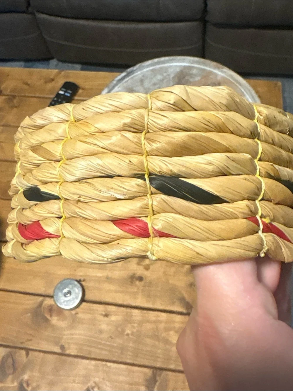 Rope  basket handmade coiled 6” black and red accents